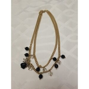 Banana Republic Women Black Clear Facet Bauble Charm 2 Layer Gold Link Necklace